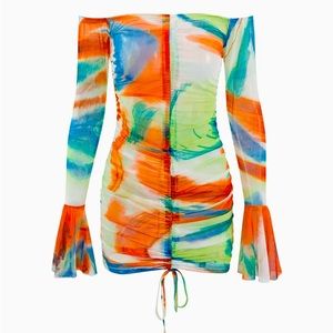Abstract Print Off Shoulder Mesh Mini Dress